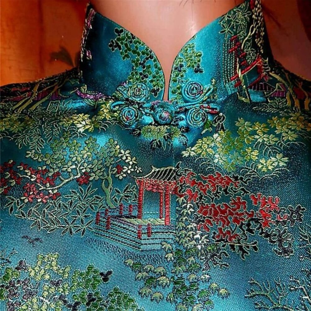 PEONY ASIAN GOTH VAMPIRE 80'S BOHO BLUE MULTI SHORT SLEEVE BLOUSE 40 M L XL